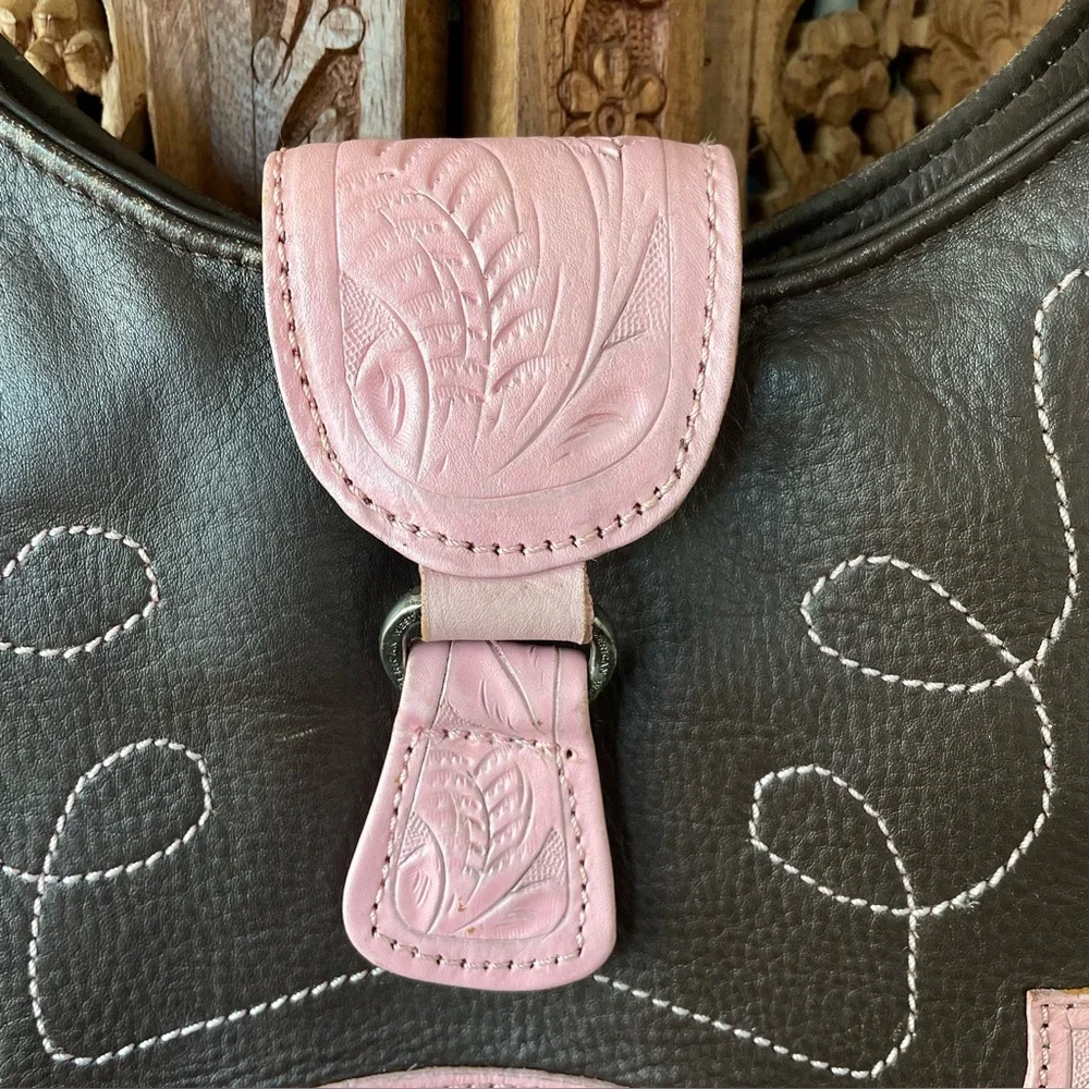 American West vintage tooled Leather Shoulder Bag - Pink and brown Floral - Picture 6 of 8